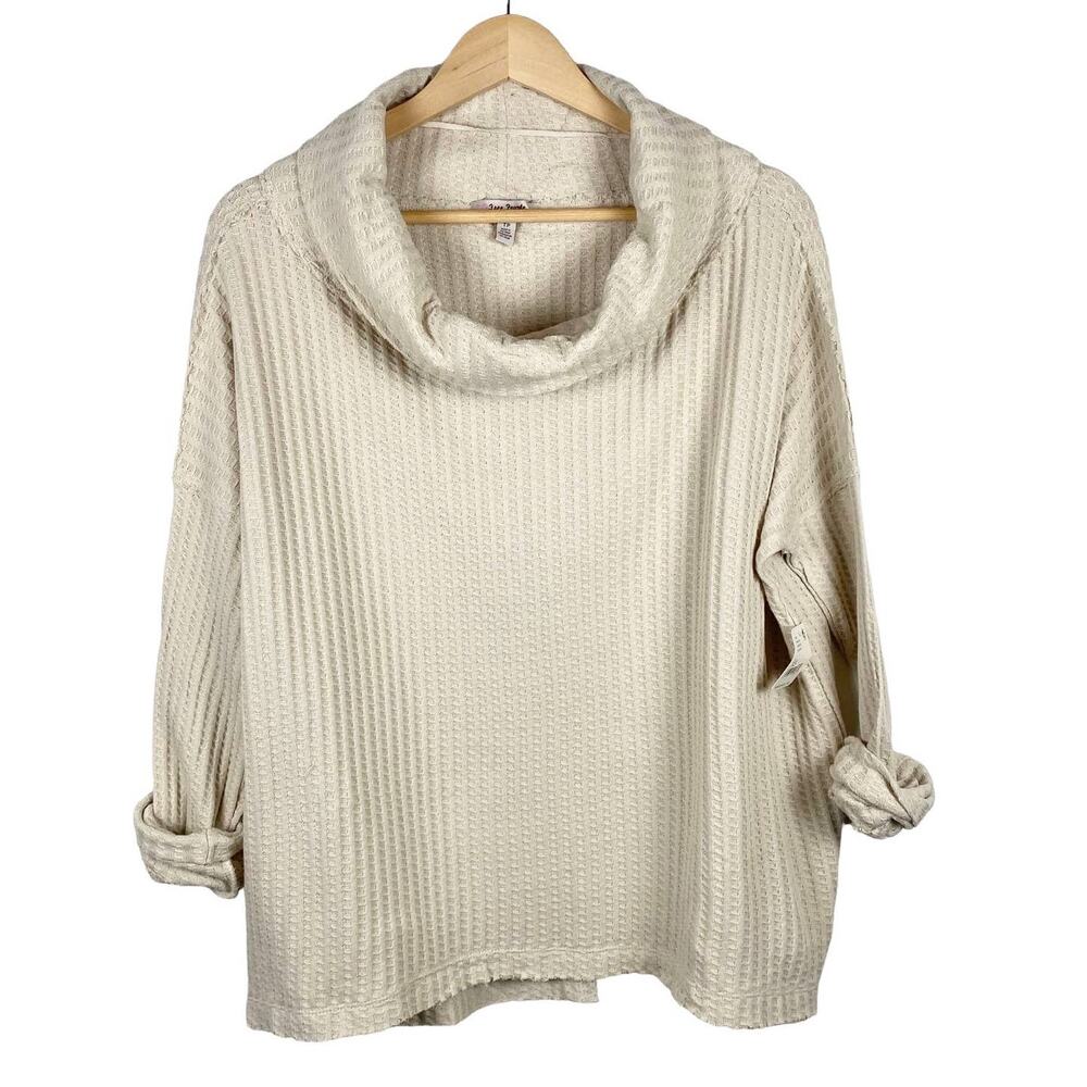 Free People Top Women's XS Beige Juicy Long Sleeve Cowl Neck Waffle Knit